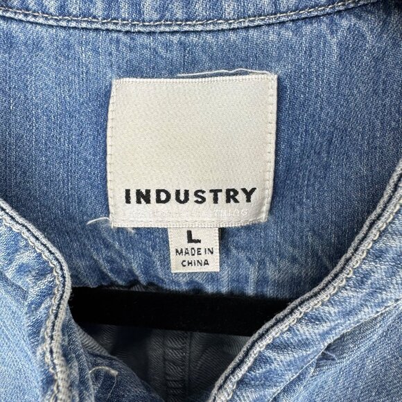 Industry Blue Denim Button Shirt with Puff Ruffle Ruche Sleeve Women sz L - Picture 8 of 9